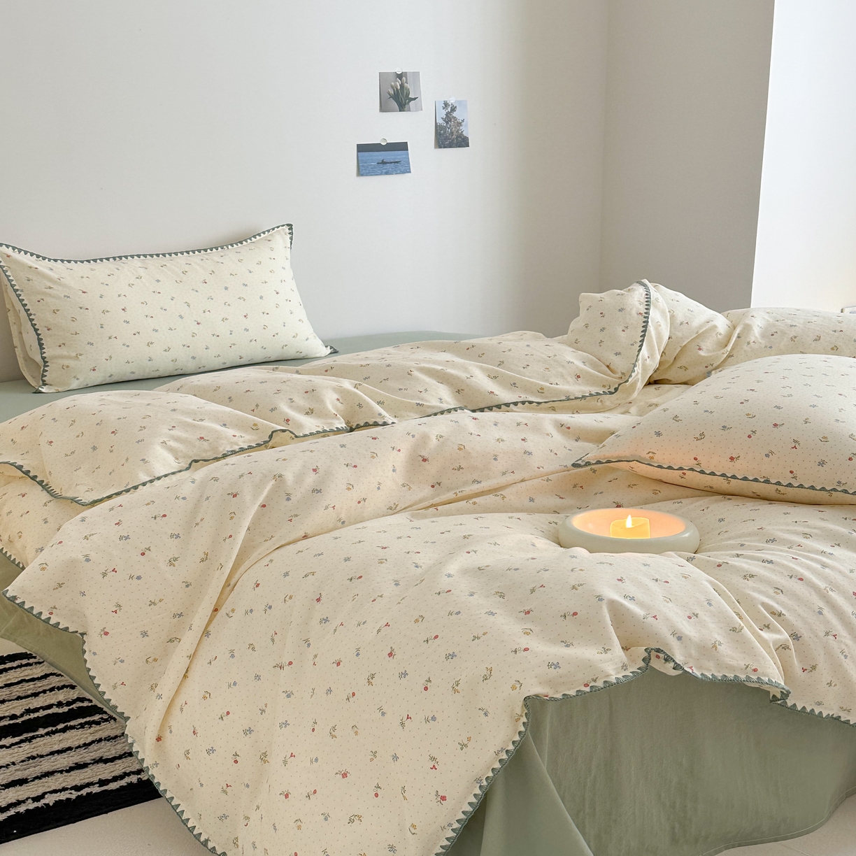 91家纺网 家纺一手货源 找家纺 2025新款春夏新品工艺款全棉双层纱贝壳边四件套 夏日