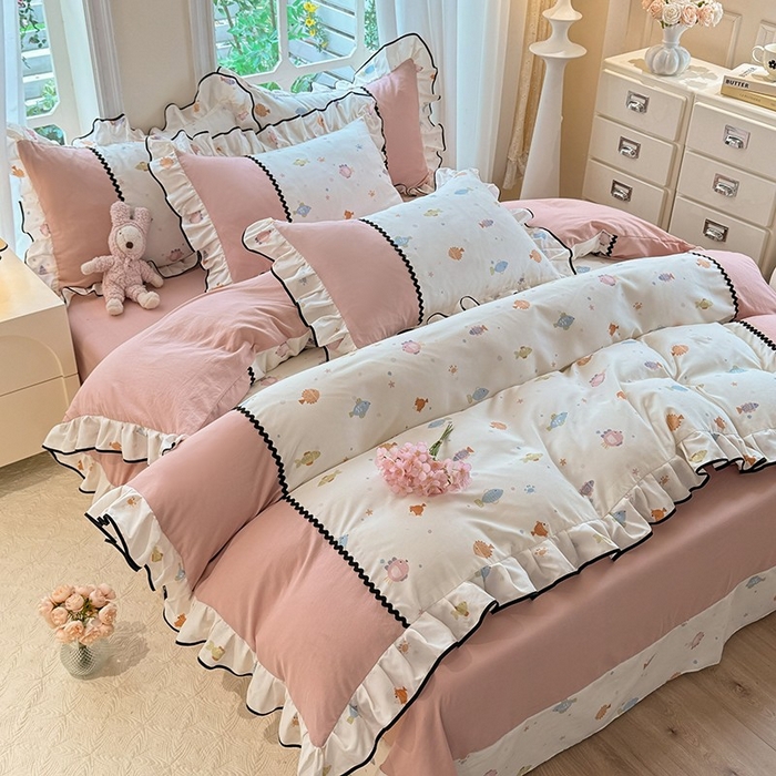 91家纺网 家纺一手货源 找家纺 大麦家纺 2025新款韩式花边亲肤棉四件套 好多鱼