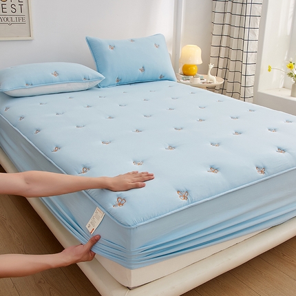 盛眠 2025新款水洗棉刺绣夹棉床笠床罩家用床垫套 蝴蝶 蓝
