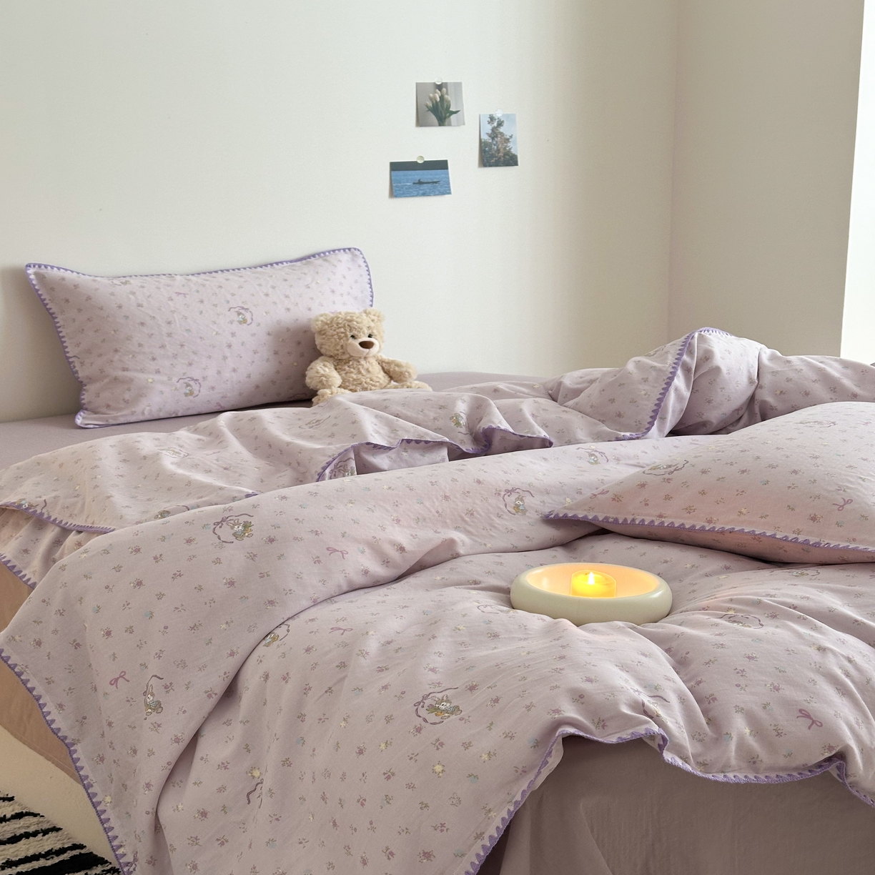 91家纺网 家纺一手货源 找家纺 2025新款春夏新品工艺款全棉双层纱贝壳边四件套 梦露