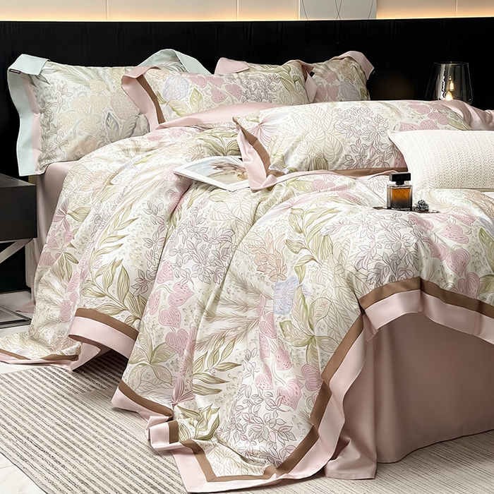 91家纺网 家纺一手货源 找家纺 2025夏季A类天丝棉夹棉床盖床笠四件套全棉纯棉纯色长绒棉真丝保护罩高级感床上用品 苏茵