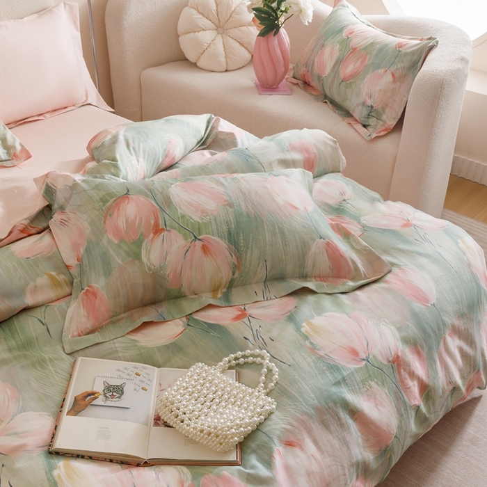 91家纺网 家纺一手货源 找家纺 2025新款全棉纯棉【如梦令】红金裸盖棉四件套【标准号全网控价（折后券后）不低于199元】 青枝柔蔓