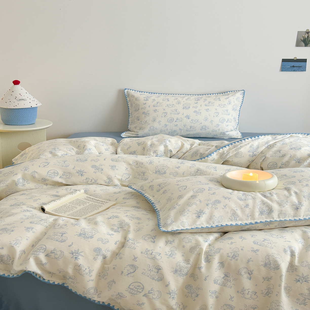 91家纺网 家纺一手货源 找家纺 2025新款工艺款全棉双层纱小清新贝壳边四件套 森林物语