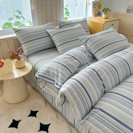 梦精灵家纺 2025新款全棉纯棉色织水洗棉床盖四件套加大尺寸单被套枕套 西蒙-蓝