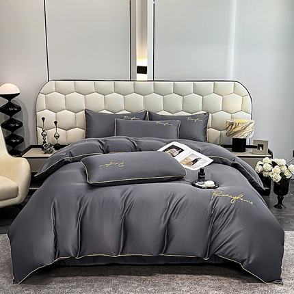 91家纺网 家纺一手货源 找家纺 富宁2025新款水洗真丝时光字母冰丝刺绣四件套 高级灰