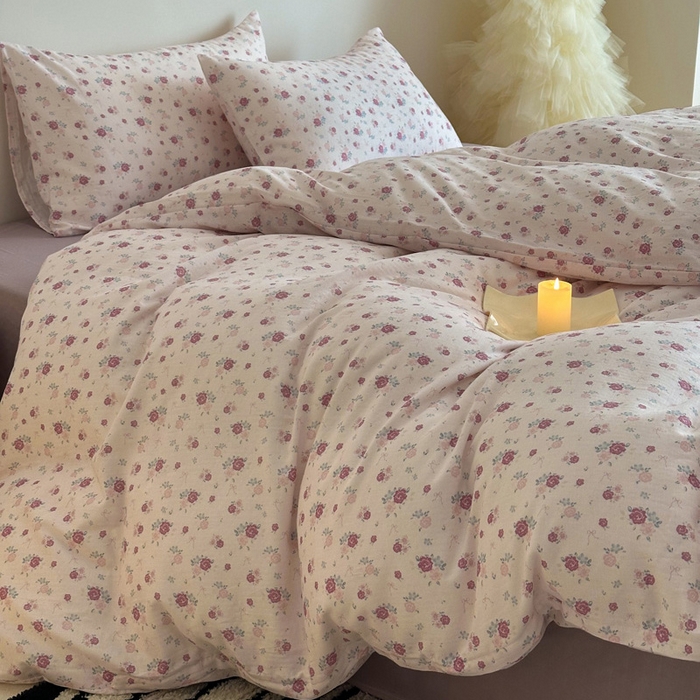 91家纺网 家纺一手货源 找家纺 塞纳 2026新款.全棉有氧双层纱四件套-场景一 艾莉花园-杏