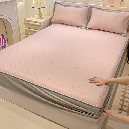 富馨莱 2025新款A类480克PE凉感凉豆豆凉席三件套和单件床笠款 蝴蝶結-奶昔粉