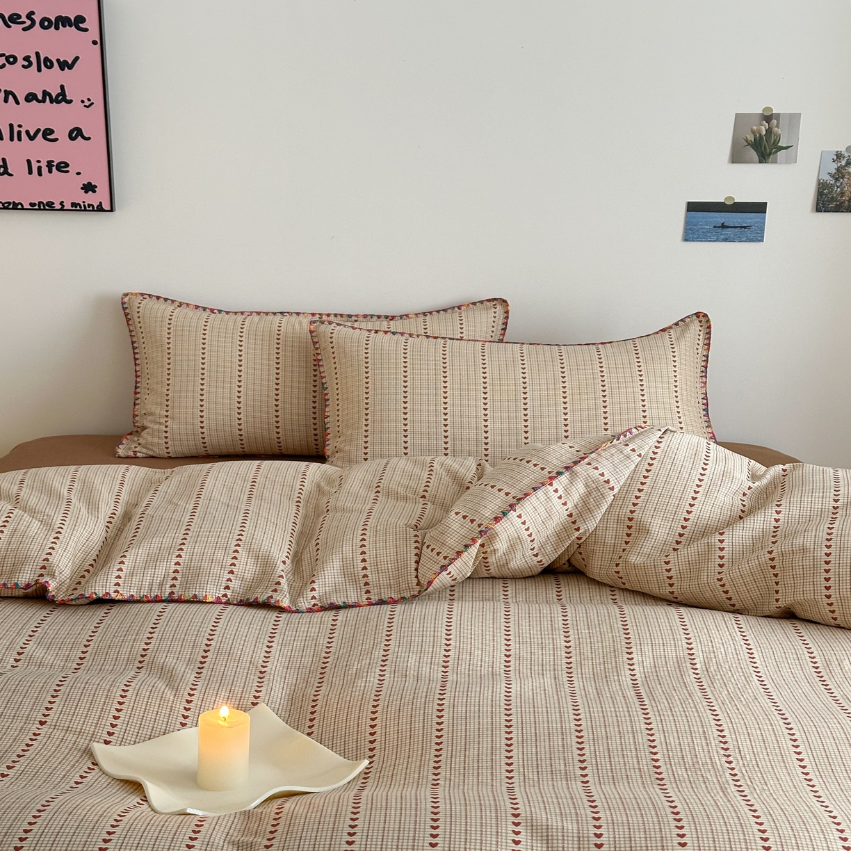 91家纺网 家纺一手货源 找家纺 2025新款工艺款全棉双层纱小清新贝壳边四件套 情初