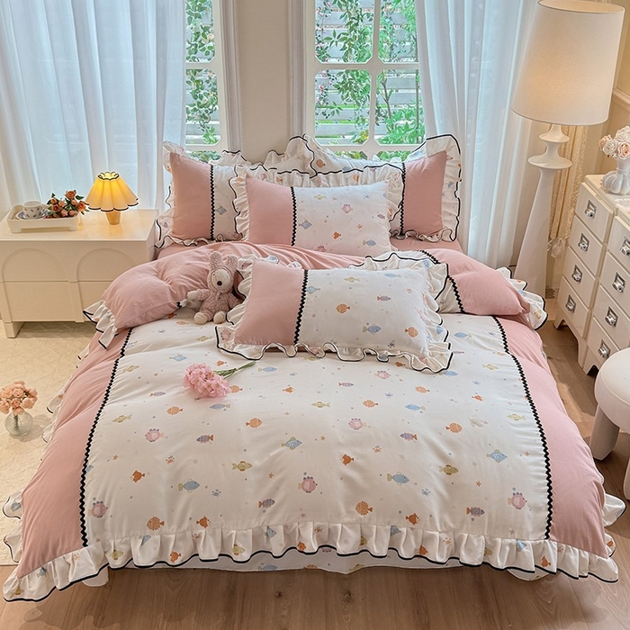 91家纺网 家纺一手货源 找家纺 大麦家纺 2025新款韩式花边亲肤棉四件套 好多鱼