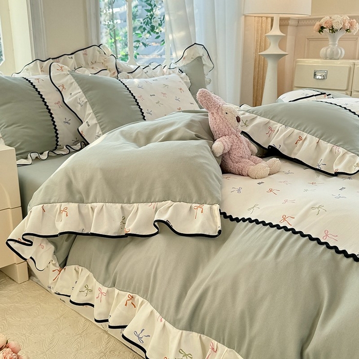 91家纺网 家纺一手货源 找家纺 大麦家纺 2025新款韩式花边亲肤棉四件套 蝴蝶结