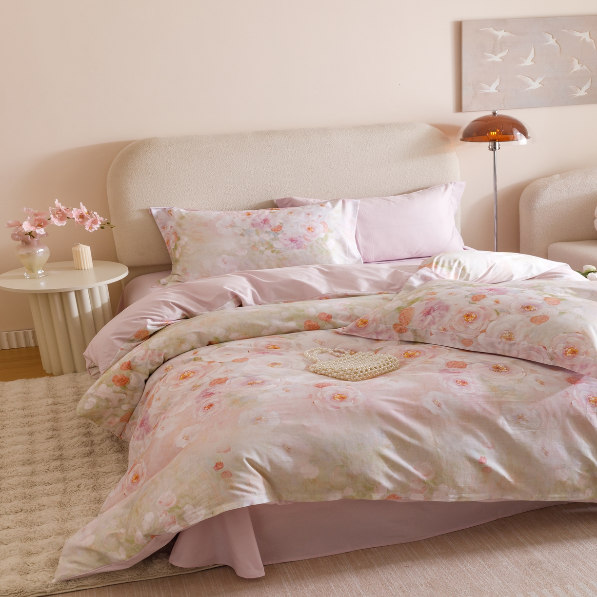 91家纺网 家纺一手货源 找家纺 2025新款全棉纯棉【如梦令】红金裸盖棉四件套【标准号全网控价（折后券后）不低于199元】 繁花漫漫