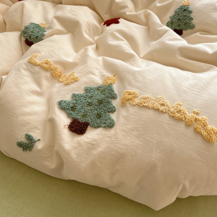 91家纺网 家纺一手货源 找家纺 慕尚家纺 2025新款春夏新款色织水洗棉毛巾绣四件套 圣诞树 绿