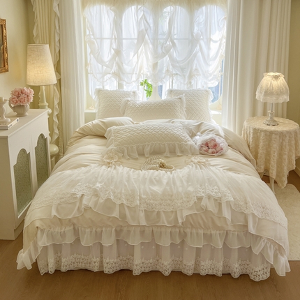 亲亲公主家纺2025新款100支长绒棉全棉蕾丝夹棉床盖四件套-巴黎春天 巴黎春天-米色