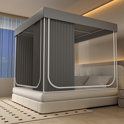 无瑕家居 2025新款遮光床幔防蚊三开门免安装宿舍蚊帐家用卧室儿童安装支架防摔坐床拉链蚊帐 摩卡灰【两片围三面】