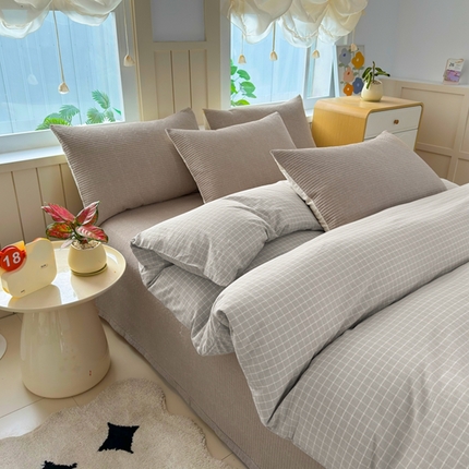 梦精灵家纺 2025新款全棉纯棉色织水洗棉床盖四件套加大尺寸单被套枕套 棕咖