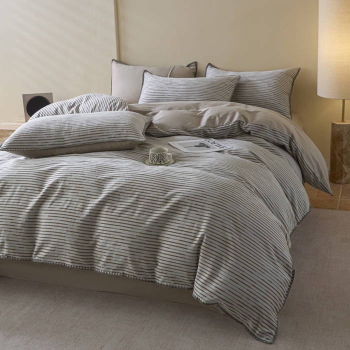 91家纺网 家纺一手货源 找家纺 2025新款亲肤全棉三层纱提花四件套 韵律-沉香