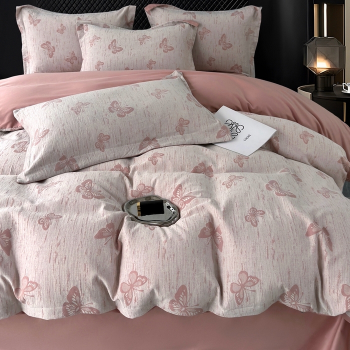 91家纺网 家纺一手货源 找家纺 朵希曼 2025新款轻奢全棉提花系列四件套 蝶恋-粉