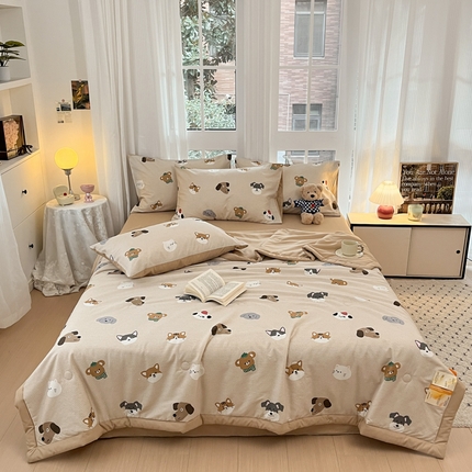 91家纺网 家纺一手货源 找家纺 一加一 2025新款A棉B水洗棉大豆夏被四件套 哈皮狗