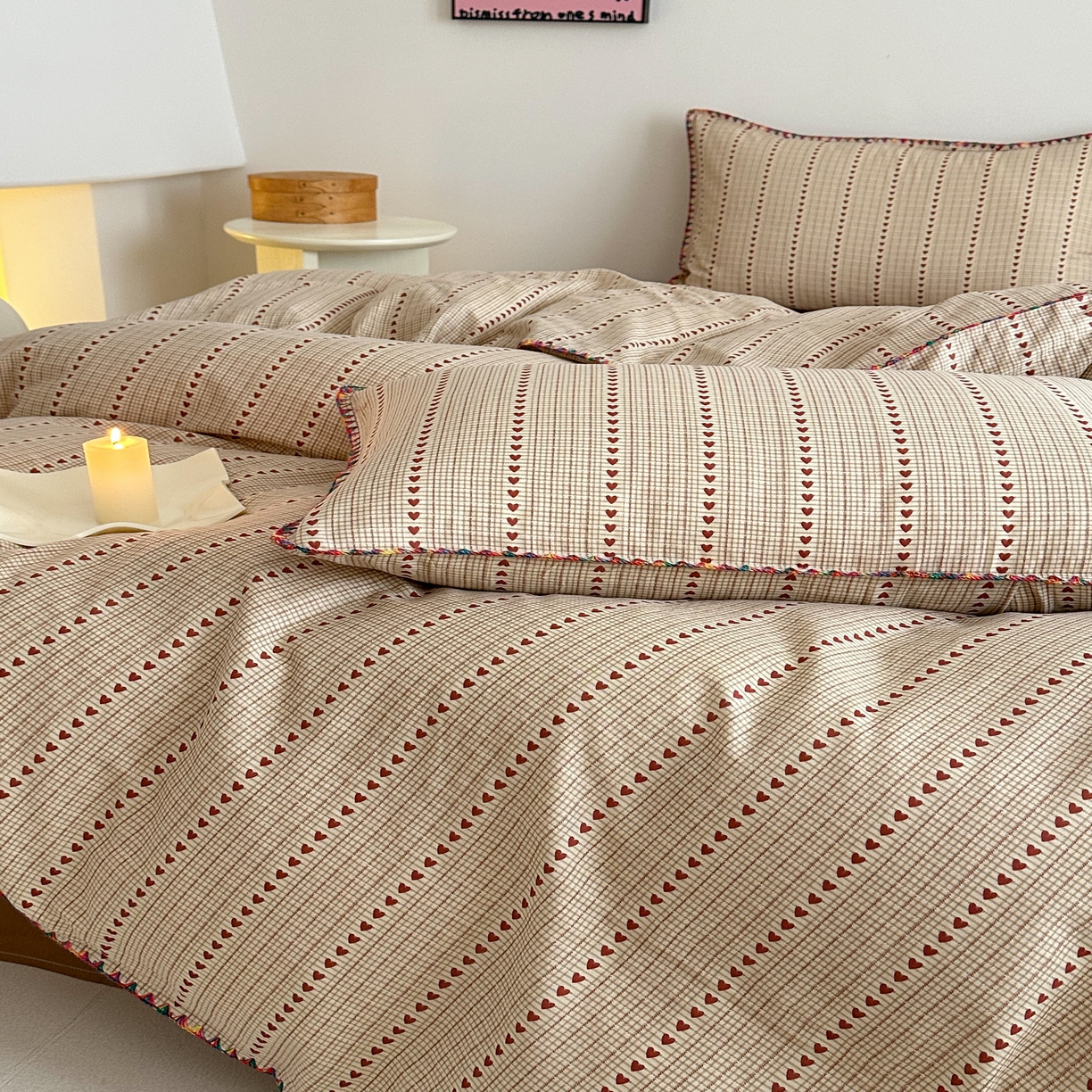 91家纺网 家纺一手货源 找家纺 2025新款工艺款全棉双层纱小清新贝壳边四件套 情初