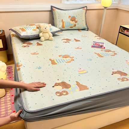 沐慕 2025新款高克重600D冰丝印花冰藤床笠 床笠-腊肠狗