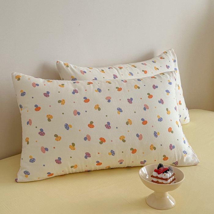 91家纺网 家纺一手货源 找家纺 2025新款全棉有氧A类母婴级双层纱印花四件套 彩菇轻语