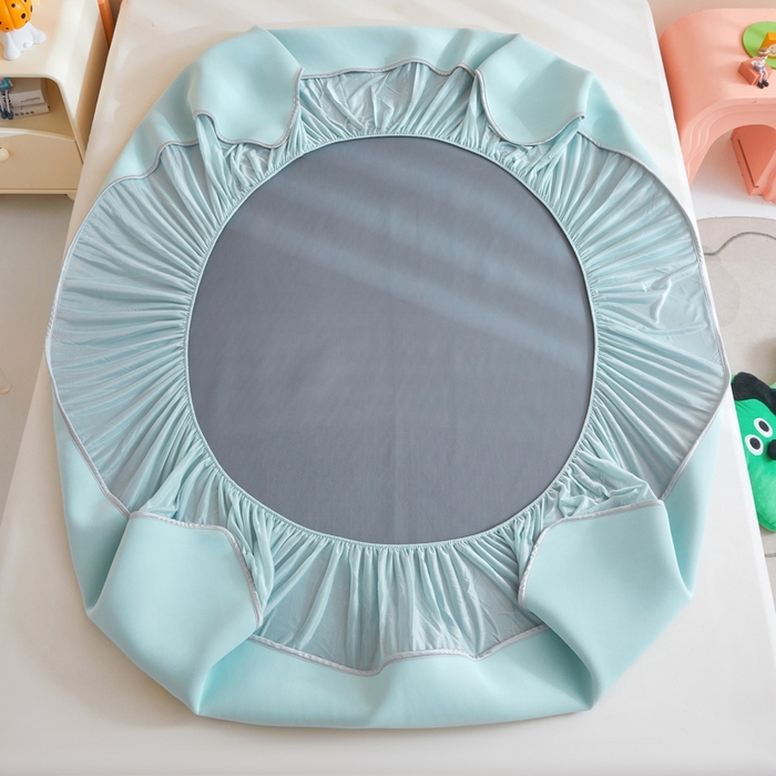 91家纺网 家纺一手货源 找家纺 2025春夏新款独家研发太空层凉感鸭冰丝烫画软凉席床笠款 凉感鸭-水绿