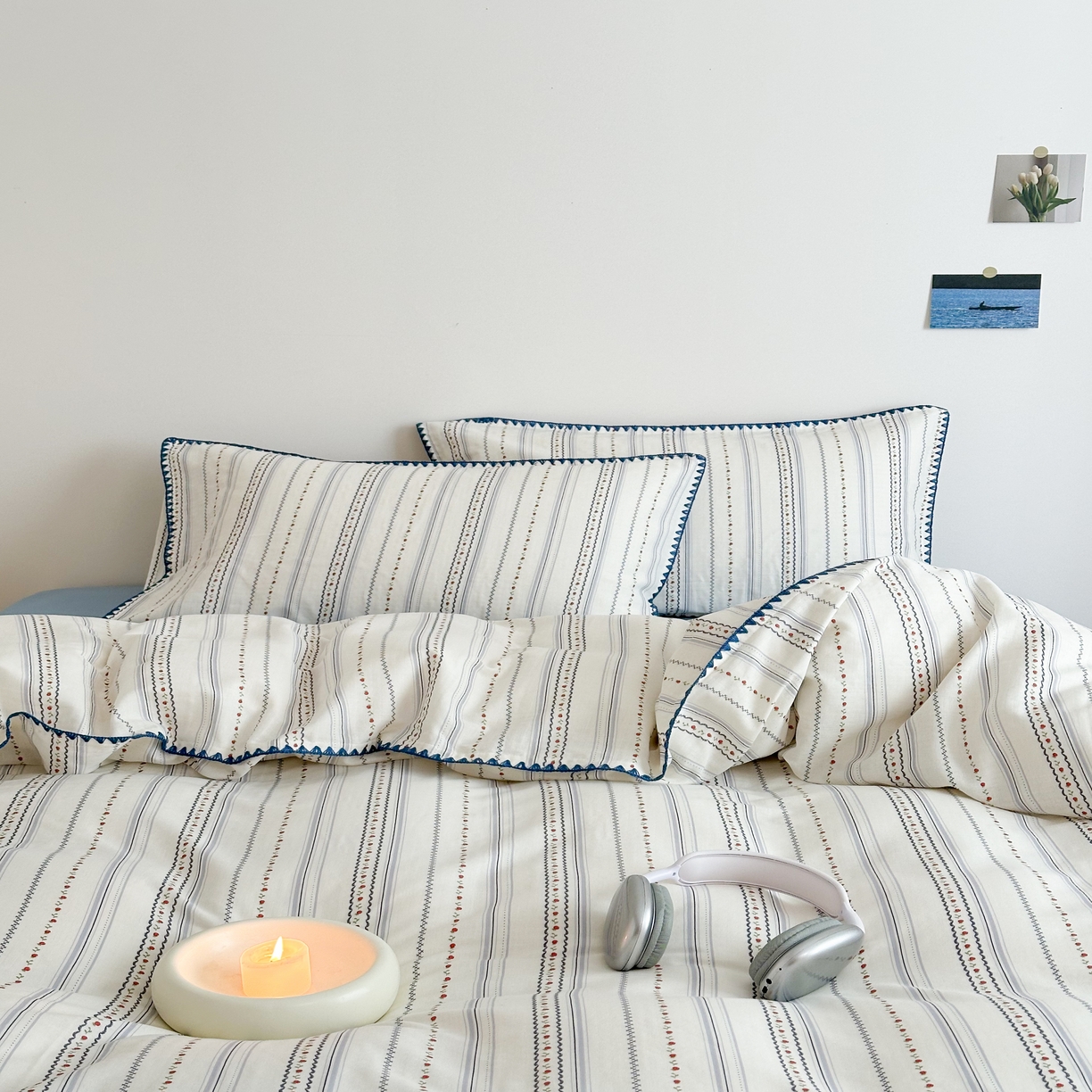 91家纺网 家纺一手货源 找家纺 2025新款工艺款全棉双层纱小清新贝壳边四件套 花韵