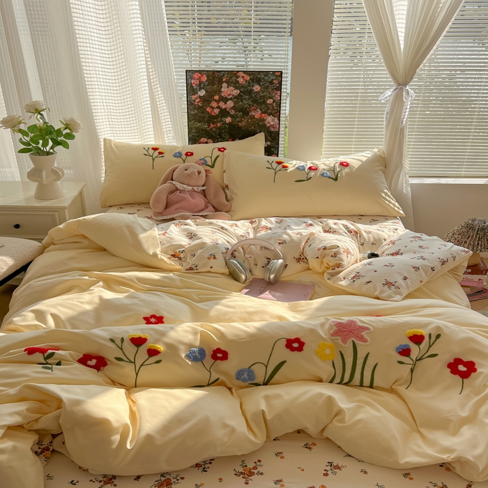 91家纺网 家纺一手货源 找家纺 子钦家纺 2025新款云朵棉毛巾绣床单床笠四件套宿舍儿童-繁花似锦 奶白
