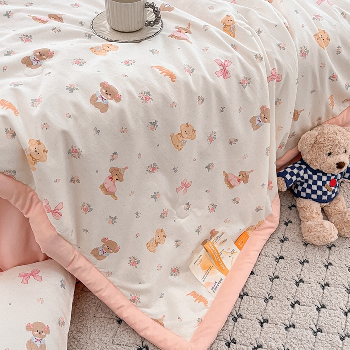 91家纺网 家纺一手货源 找家纺 一加一 2025新款A棉B水洗棉大豆夏被四件套 酷卡小狗