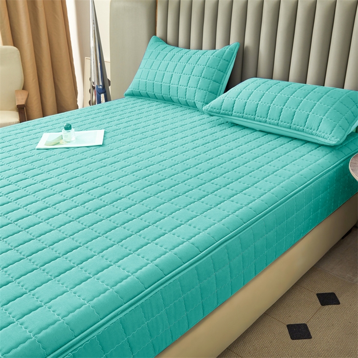 91家纺网 家纺一手货源 找家纺 欧邦 2025新款水洗原棉六面全包夹棉床笠 净水绿