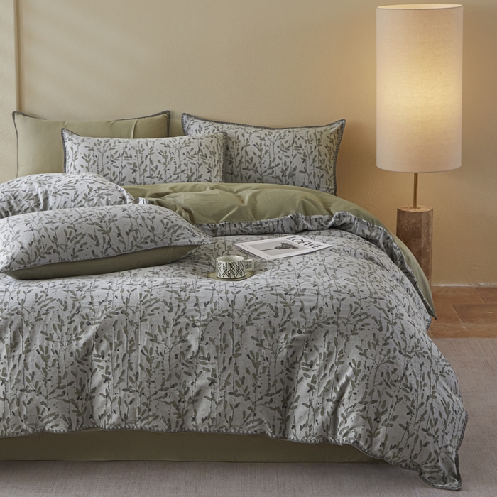 91家纺网 家纺一手货源 找家纺 2025新款亲肤全棉三层纱提花四件套 叶语-兰苕