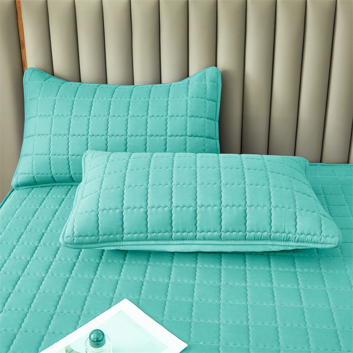 91家纺网 家纺一手货源 找家纺 欧邦 2025新款水洗原棉六面全包夹棉床笠 净水绿