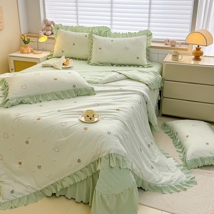 慕克斯 2025新款奶小棉韩版床盖款夏被四件套 小熊仔-绿