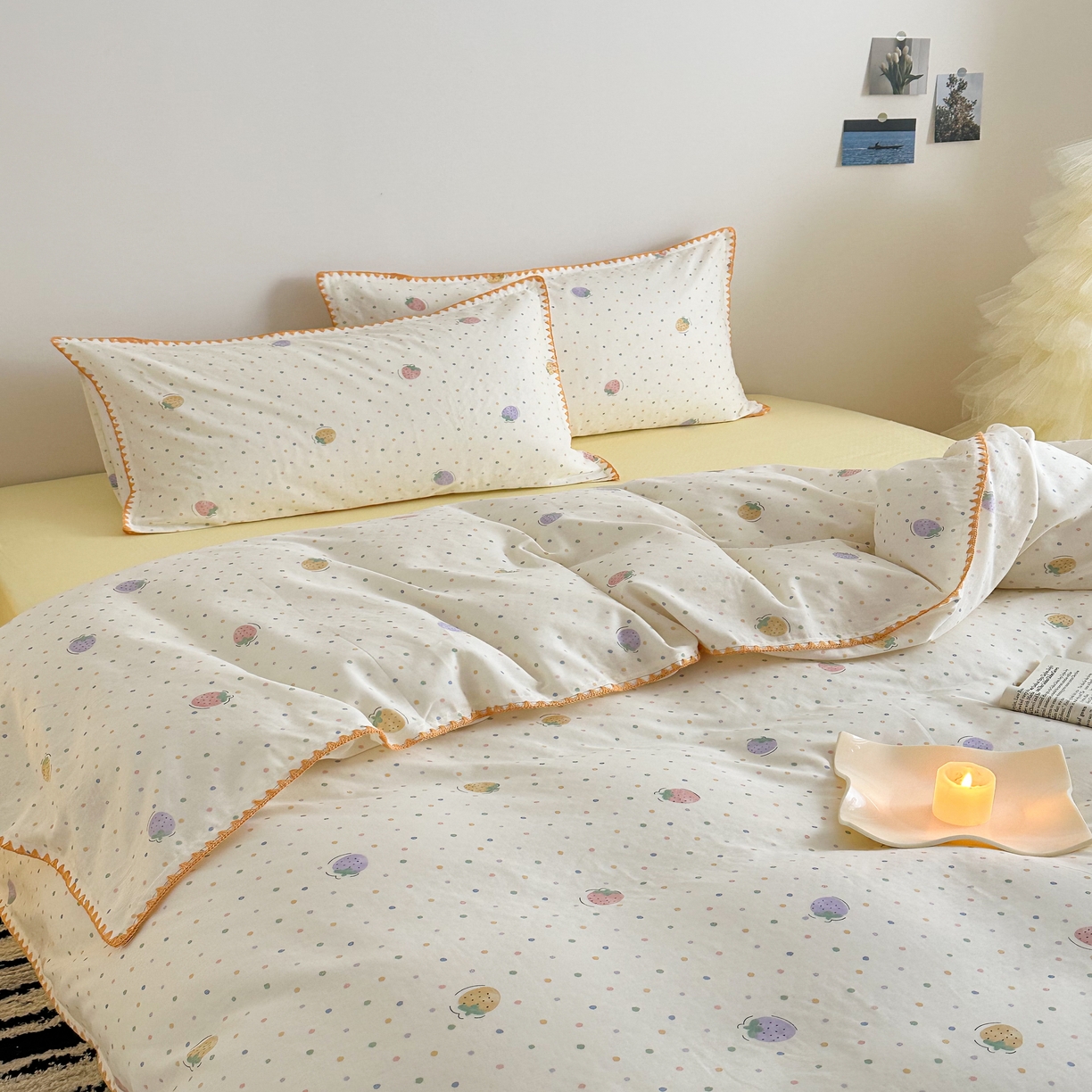 91家纺网 家纺一手货源 找家纺 2025新款工艺款全棉双层纱小清新贝壳边四件套 奶球