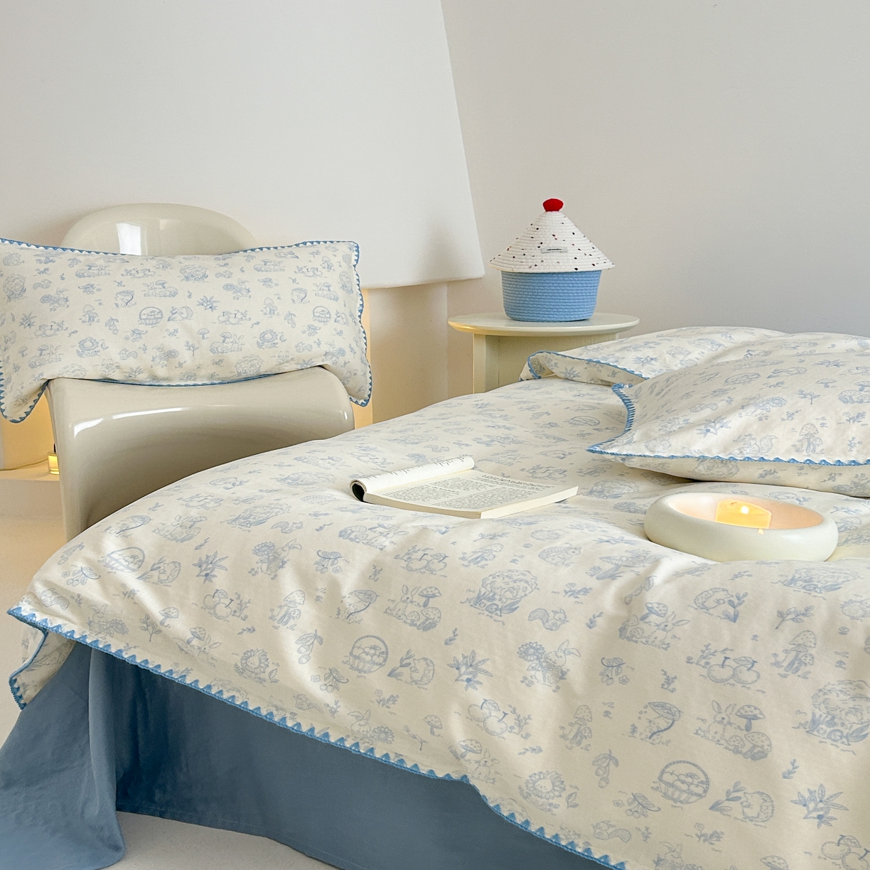 91家纺网 家纺一手货源 找家纺 2025新款工艺款全棉双层纱小清新贝壳边四件套 森林物语