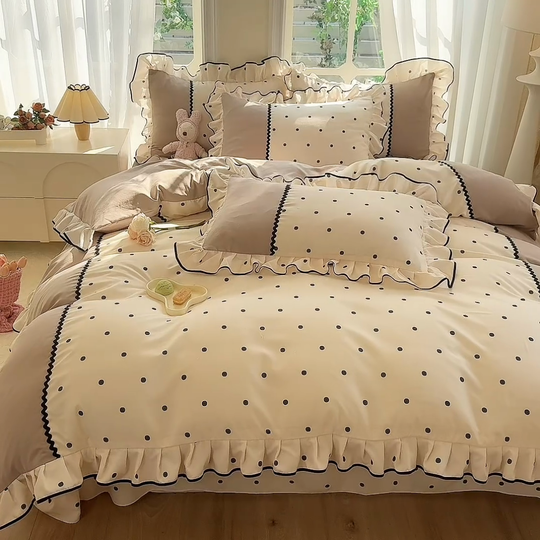 91家纺网 家纺一手货源 找家纺 大麦家纺 2025新款韩式花边亲肤棉四件套 波点