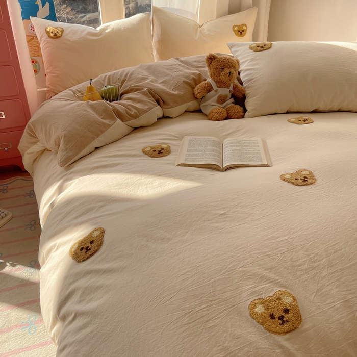 91家纺网 家纺一手货源 找家纺 慕尚家纺 2025新款春夏新款色织水洗棉毛巾绣四件套 嘟嘟熊 白