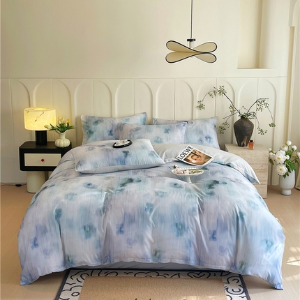 2025新款仿色织提花数码印花水洗棉四件套 琉璃雨 蓝