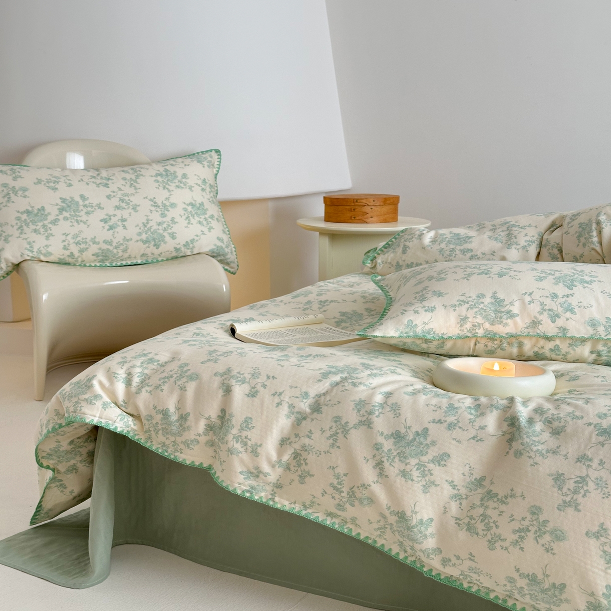 91家纺网 家纺一手货源 找家纺 2025新款工艺款全棉双层纱小清新贝壳边四件套 梨漫