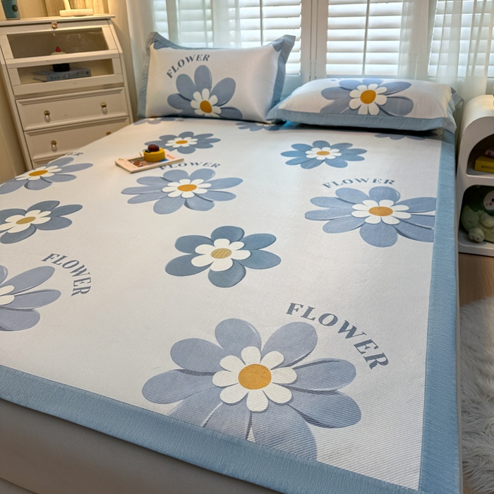 91家纺网 家纺一手货源 找家纺 席佬大 2025新款高克重卡通数码印花冰藤席床席床笠款 花语-平铺款