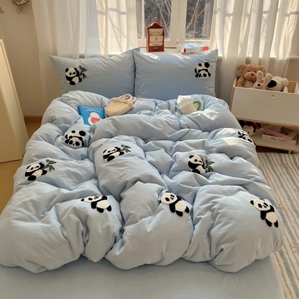 慕尚家纺 2025新款春夏新款色织水洗棉毛巾绣四件套 熊猫 蓝