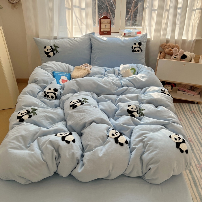 91家纺网 家纺一手货源 找家纺 慕尚家纺 2025新款春夏新款色织水洗棉毛巾绣四件套 熊猫 蓝