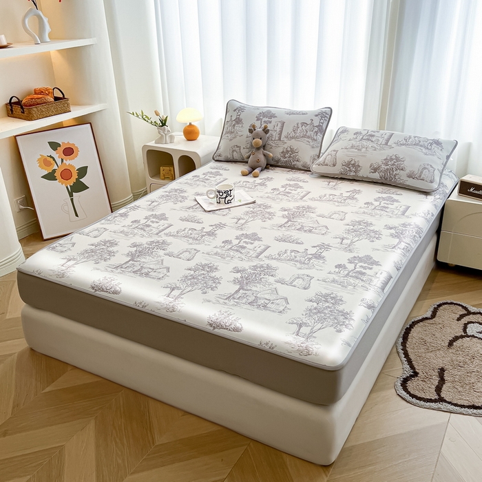 91家纺网 家纺一手货源 找家纺 2025春夏新款独家研发太空层凉感软席冰丝印花凉席床笠款 秘密庄园