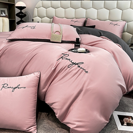 富宁2025新款水洗真丝时光字母冰丝刺绣四件套 豆沙+高级灰