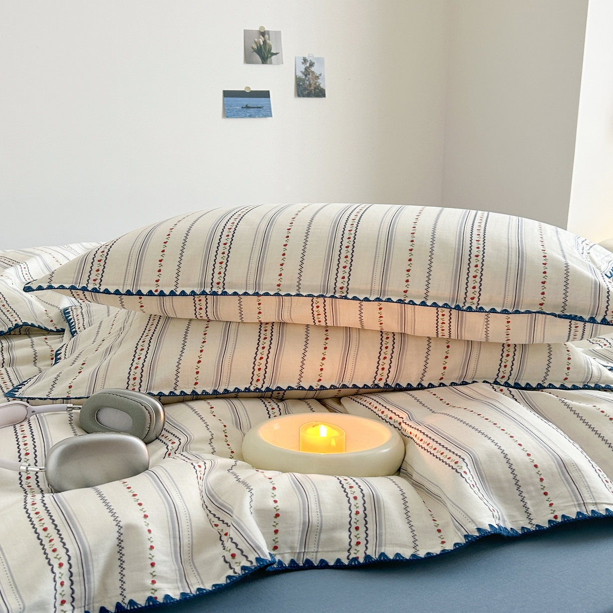 91家纺网 家纺一手货源 找家纺 2025新款工艺款全棉双层纱小清新贝壳边四件套 花韵