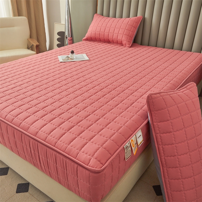 91家纺网 家纺一手货源 找家纺 欧邦 2025新款水洗原棉六面全包夹棉床笠 珠玉粉