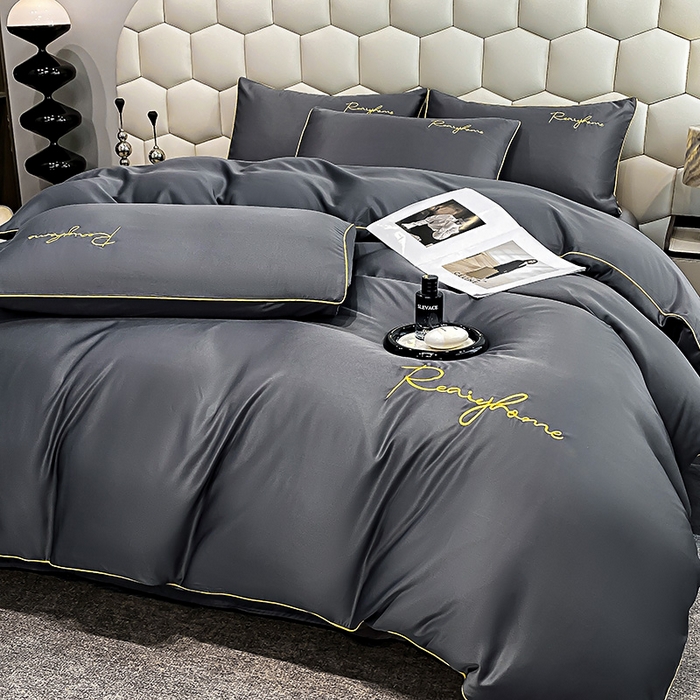 91家纺网 家纺一手货源 找家纺 富宁2025新款水洗真丝时光字母冰丝刺绣四件套 高级灰