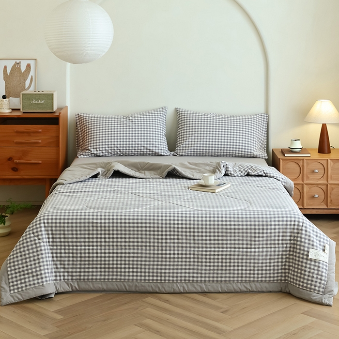 91家纺网 家纺一手货源 找家纺 雯雨家纺 2025新款A类无印风里外全棉纯棉水洗棉新疆棉花夏被夏凉被空调被 灰小格