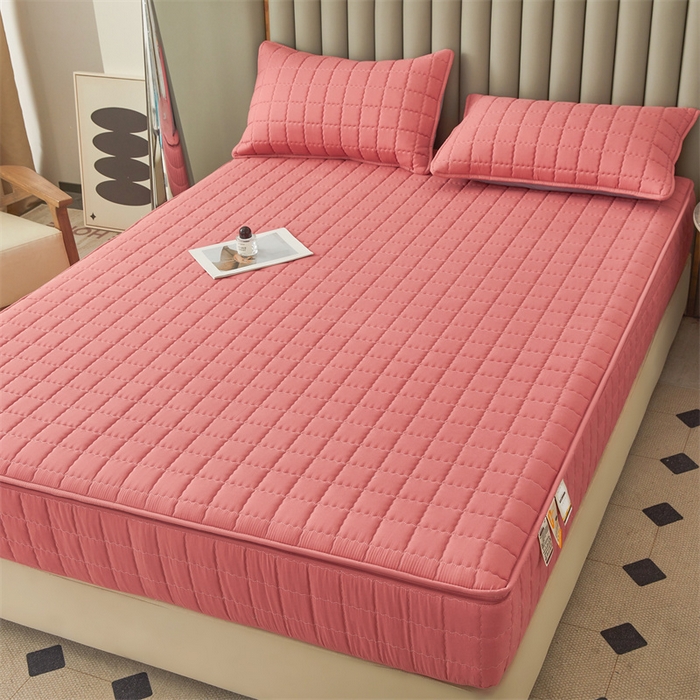 91家纺网 家纺一手货源 找家纺 欧邦 2025新款水洗原棉六面全包夹棉床笠 珠玉粉