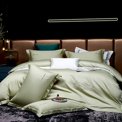 U品汇 2025新款60s支贡缎长绒棉刺绣花四件套纯棉全棉100%棉礼盒包装 简凡-抹茶绿